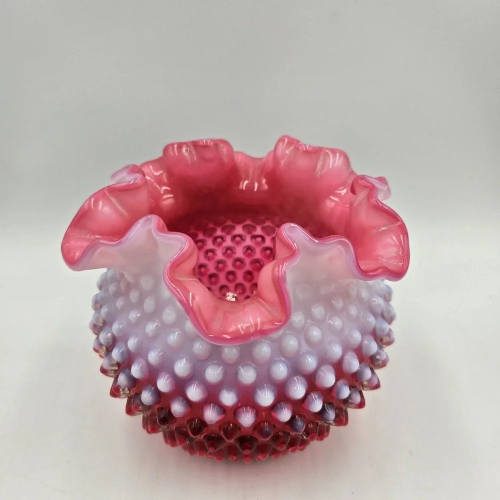 Fenton Cranberry Opalescent Hobnail Glass Vase Rose Bowl Ruffle Crimped Vintage